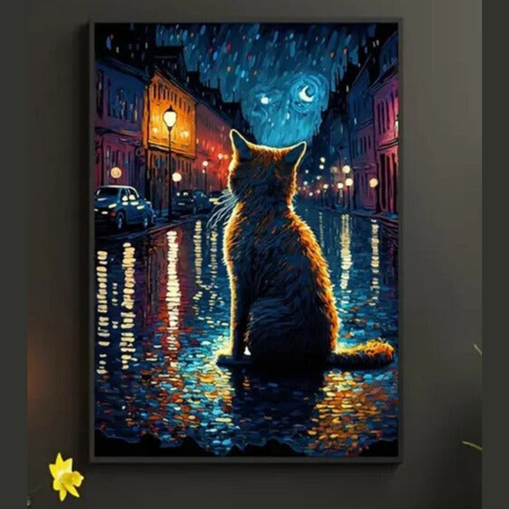 Van Gogh Cat Under The Stars Colorful Canvas Art Print 15.7" x 23.6" NEW! Home & Garden:Home Décor:Posters & Prints Style Your Walls